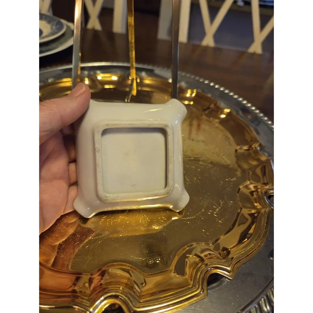 German Shepherd Picture Ashtray White Ceramic Gold Accents Retro Vintage